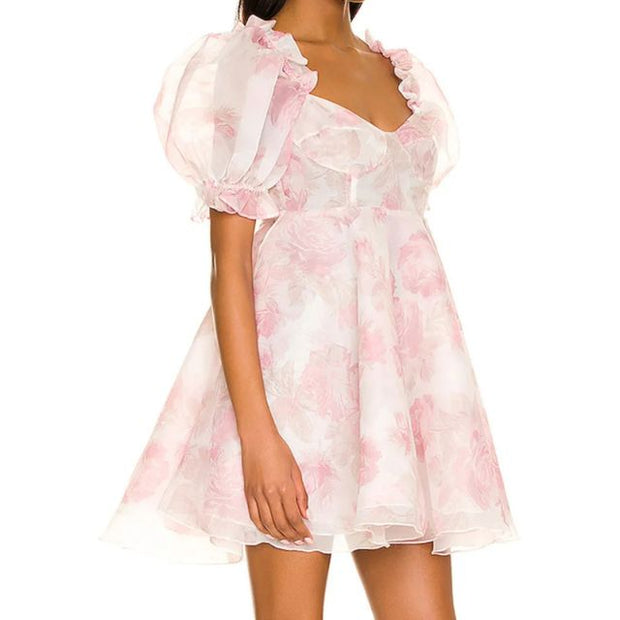 WW | Organza-Kleid mit Blumenmuster und Puffärmeln sowie Herzausschnitt