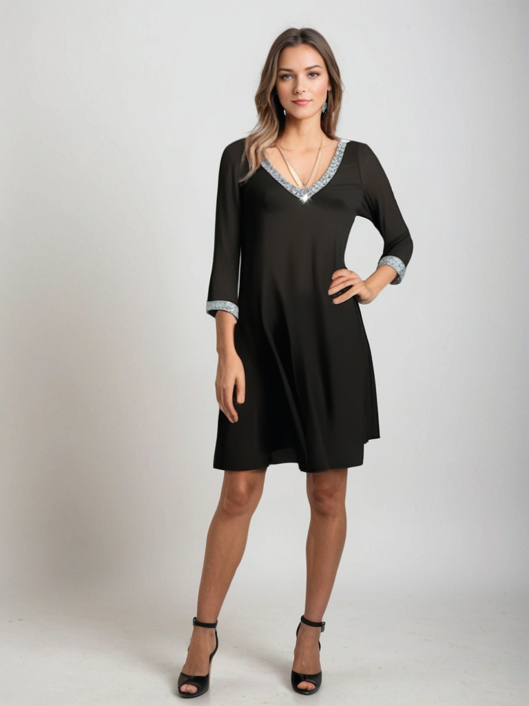 WW | Kurzes Schwarzes Kleid für Die Feier, Lässig mit Pailletten und V-Ausschnitt