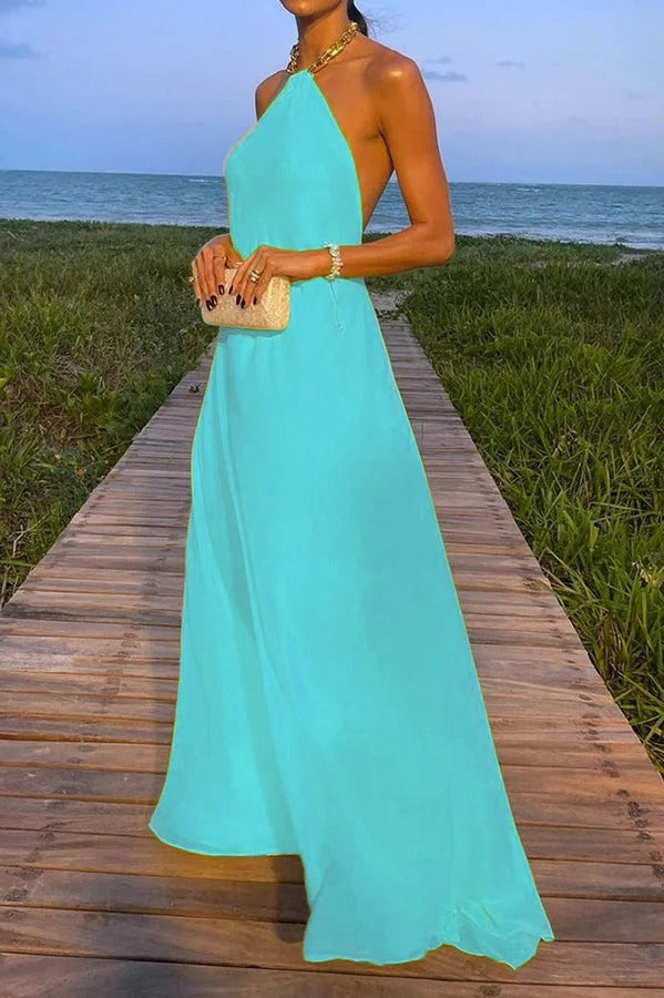 WW | Sunny In Santorini Ketten-Halter Rückenfreies A-Linie Urlaub Maxi Kleid