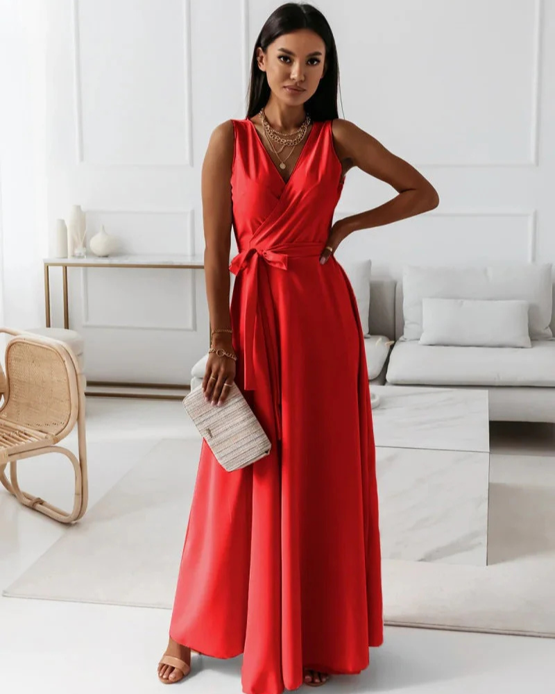 WW | Langes V-Ausschnitt Kleid für Damen Maxi