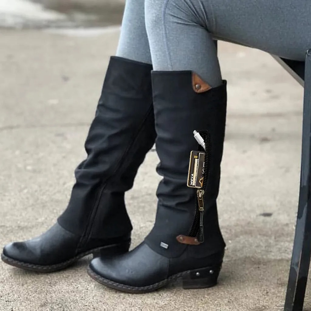 WW | Damen Knielange Stiefel Mit Reißverschluss Und Versteckter Tasche Praktische Hohe Stiefel