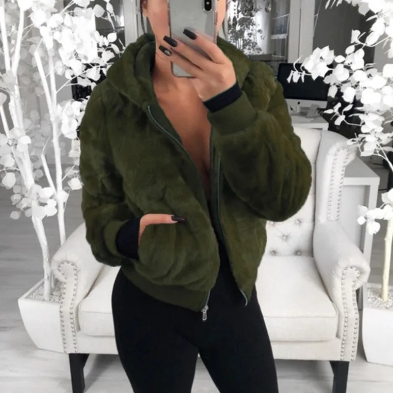 WW | Teddy Jacke Damen Kurzjacke Mit Kapuze Und Reißverschluss