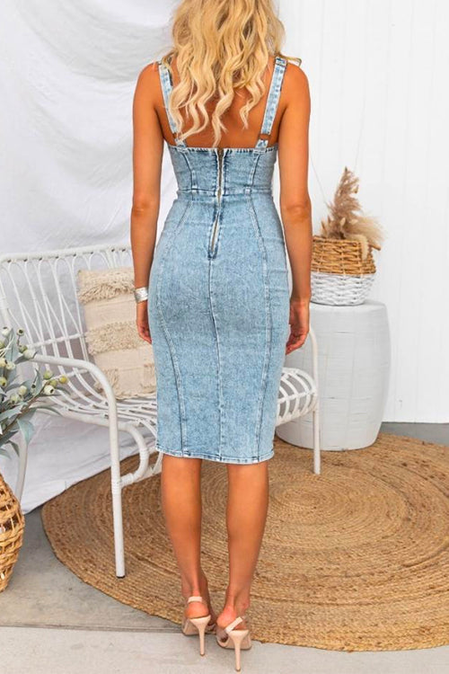 W&W Mode | U-Hals Reißverschluss Schlitz Denim Bodycon Cami Kleid