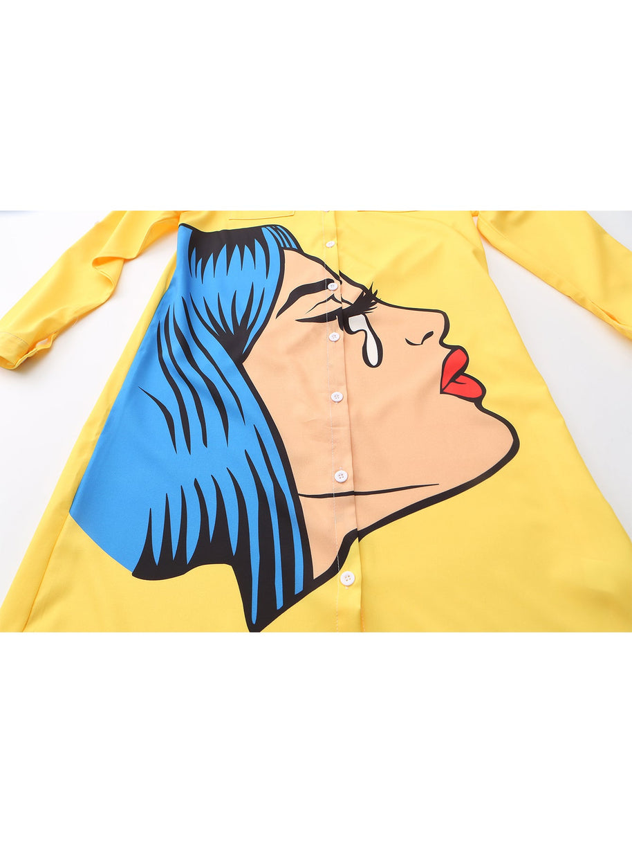 WW | Kleid mit Gesichtsdruck und Kragen in Gelb