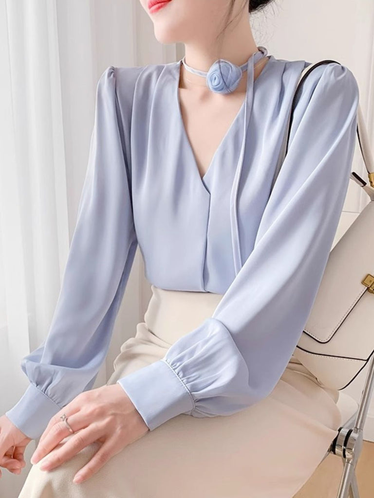 WW | Sanfter Stil Rose Halter Neck Chiffon Shirt Blau