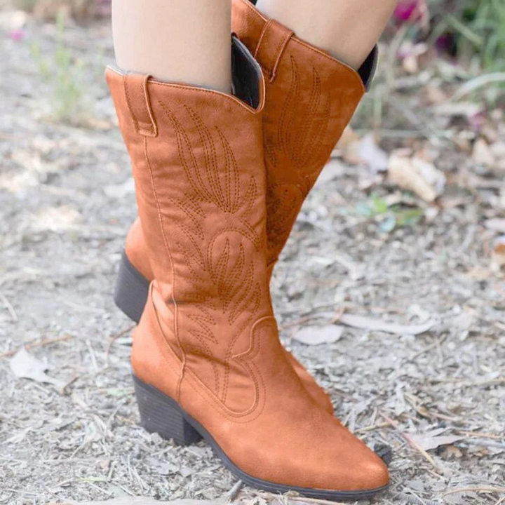 W&W Mode | Wildleder Knöchelhohe Stiefel mit Blockabsatz Cowboy Stiefel Damen