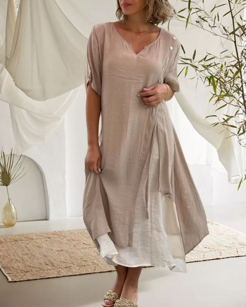 WW | Asymmetrisches Kleid mit kurzen Ärmeln und V-Ausschnitt