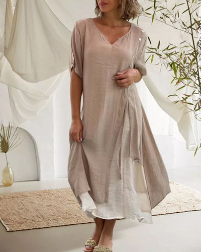 WW | Asymmetrisches Kleid mit kurzen Ärmeln und V-Ausschnitt