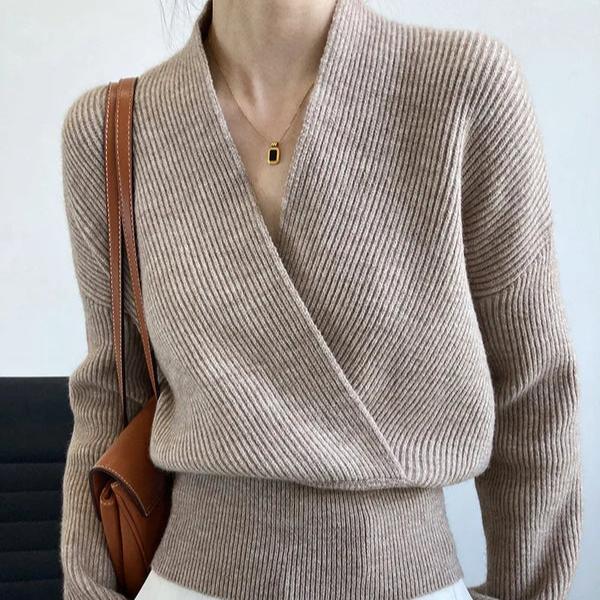 WW | Klassischer Herbst Wickelpullover mit Statement Ausschnitt für Frauen