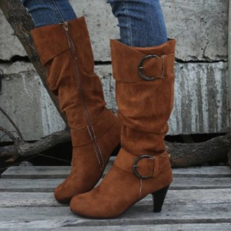 WW | Damen Knielange Stiefel mit Reißverschluss und Schnalle Stilvolle Hohe Stiefel