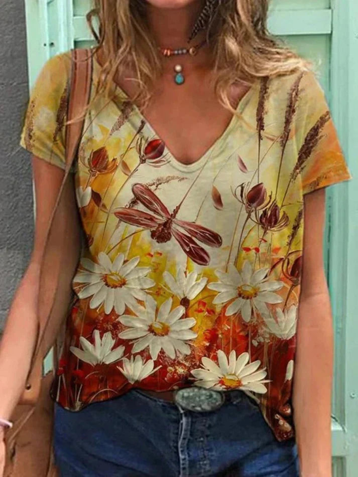 WW | Shirt Mit V-ausschnitt Malerei Blumenkunst