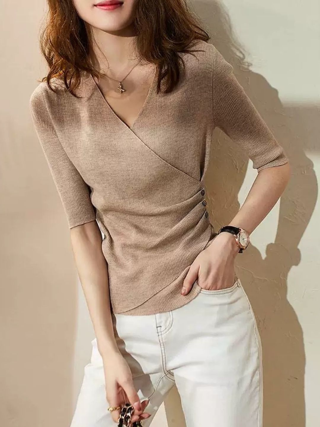 WW | Casual V-Ausschnitt Unifarben Stricktop Grün