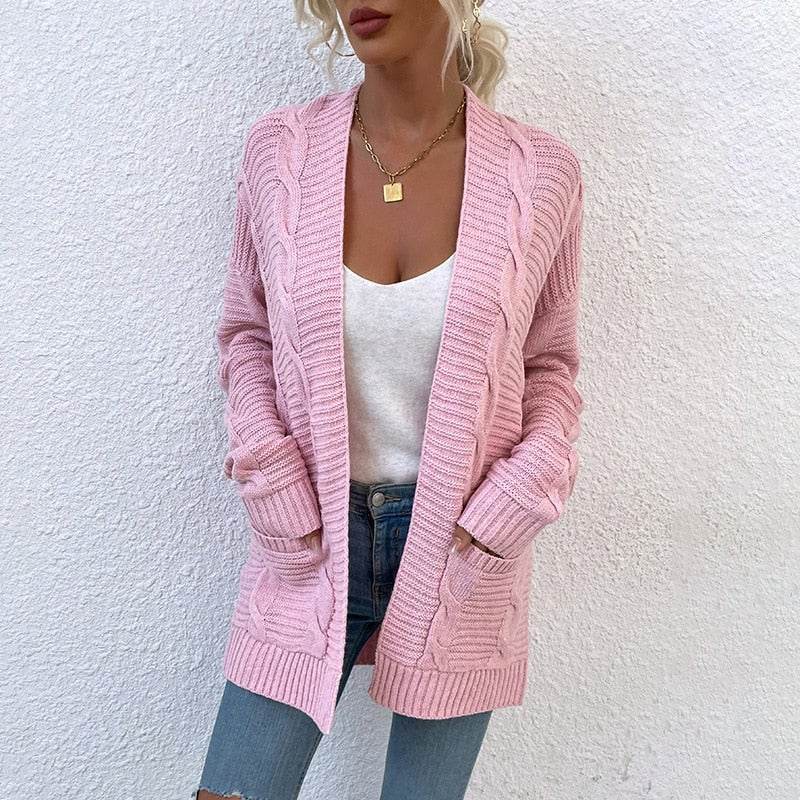 WW | Damen Strickjacke Mit Zopfmuster, Offenes Design, Lässig Und Bequem
