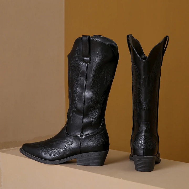W&W Mode | Westernstiefel mit Detaillierten Stickereien & Niedrigem Absatz Cowboystiefel Damen