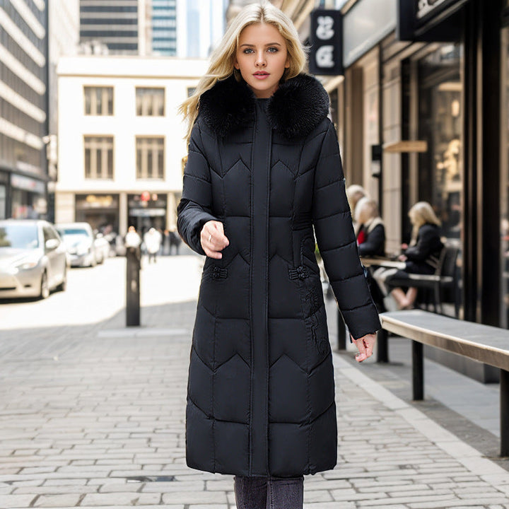 W&W Mode | Eleganter Taillierter Überknie Baumwollmantel mit Fellkragen