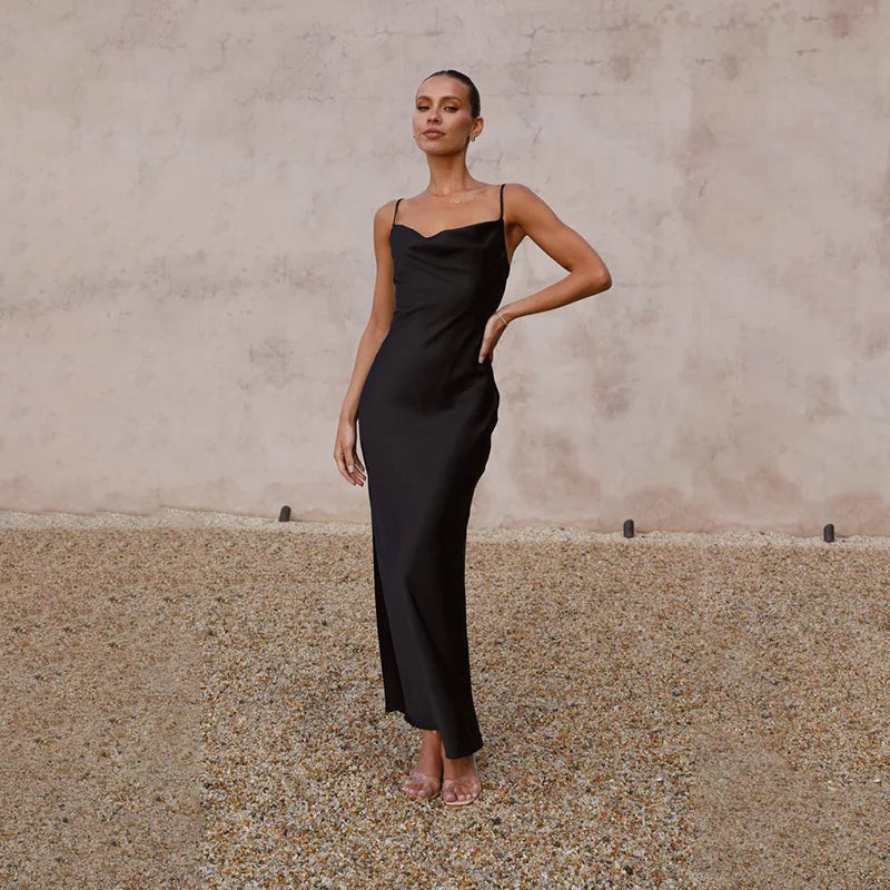 WW | Zeitlose Satin Damenkleid Mit Offenem Rücken Elegantes Design