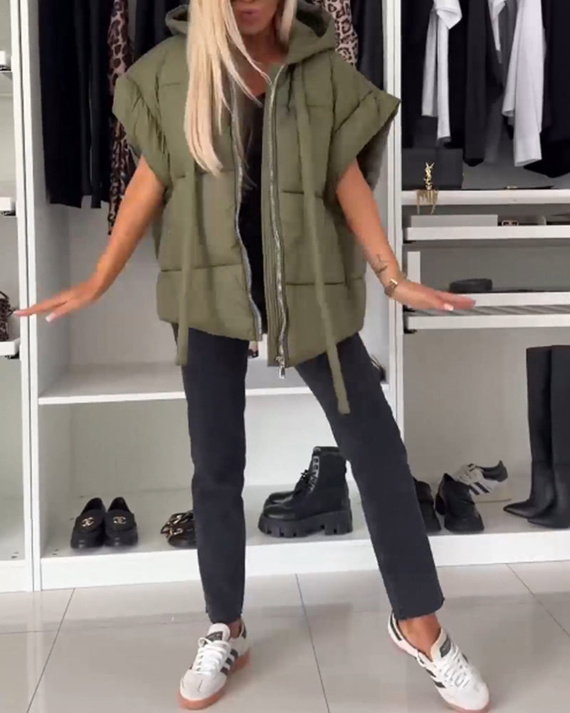 WW | Jacken mit Kapuze Einfarbig Reißverschluss und Kurzen Ärmeln