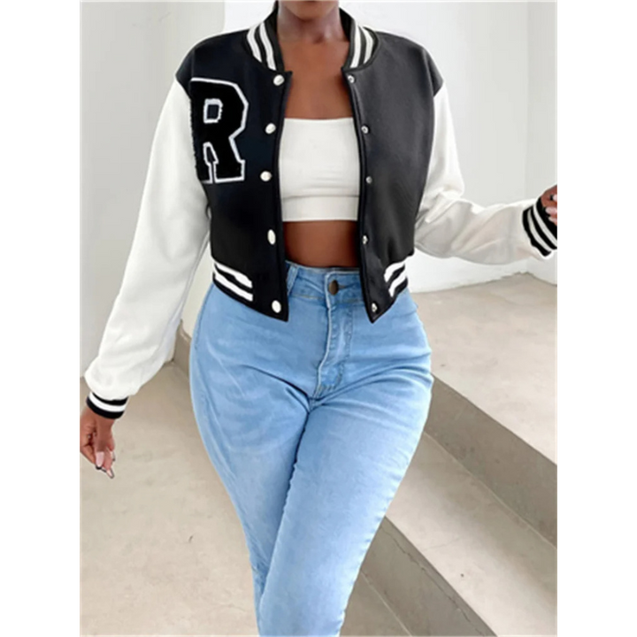 W&W Mode | Varsity Bomberjack Damen, Kurzes Modell mit Buchstabenpatch und Druckknopfverschluss
