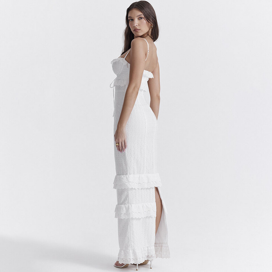 Broderie-Spitzen-Maxikleid mit Rüschen