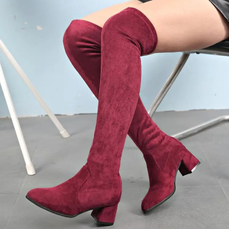 WW | Overknee Wildleder Stiefel Mit Niedrigem Blockabsatz Trendige Damenstiefel