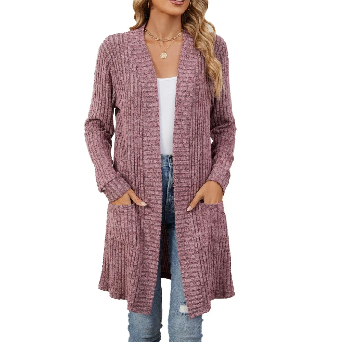 WW | Lange Strickjacken Damen Gerippte Offene Vorderseite Jacke mit Taschen