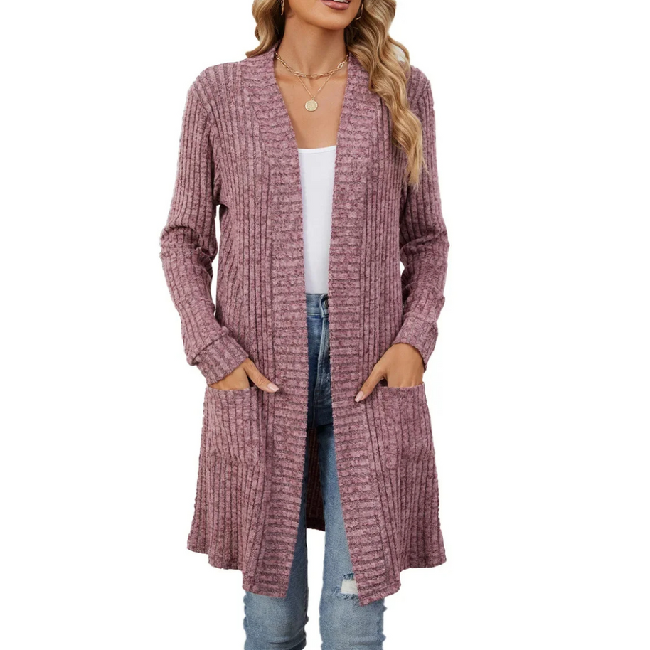 WW | Lange Strickjacken Damen Gerippte Offene Vorderseite Jacke mit Taschen