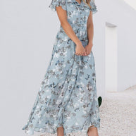 WW - Florales Maxikleid Damen | Chiffonstoff luftiges Sommerkleid | Maxikleid mit fließendem Rock