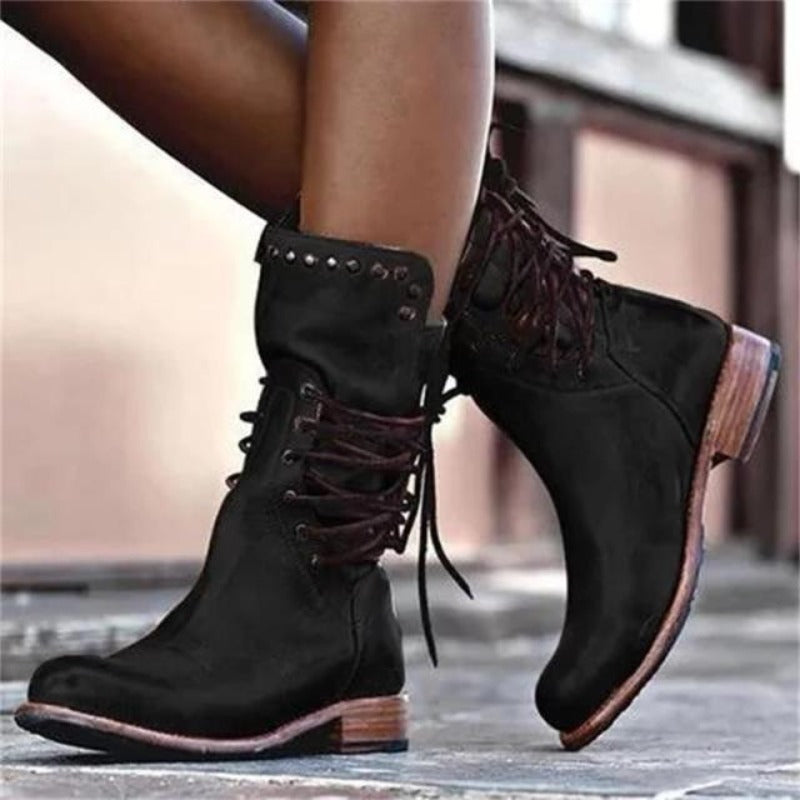 WW | Stylische Damen Stiefelette Im Weinlese Look Mit Flachem Absatz