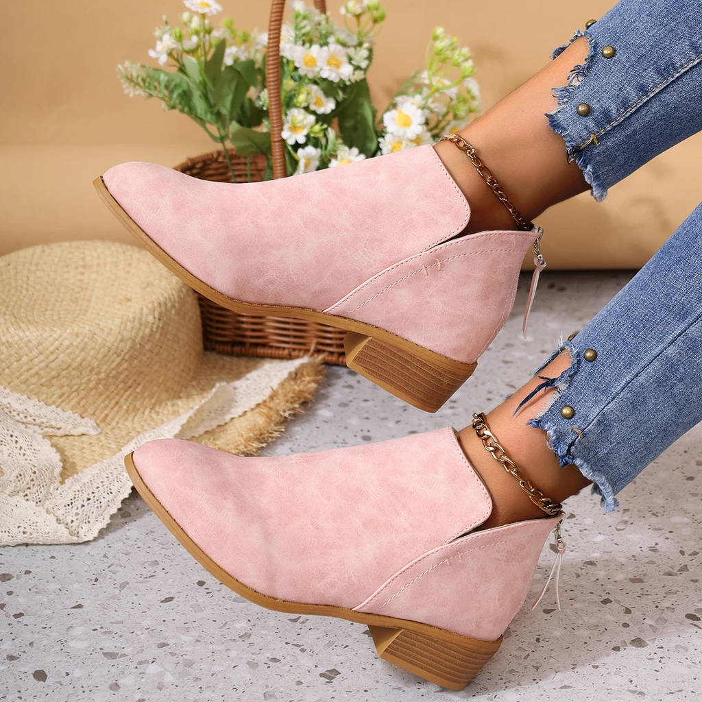WW | Klassischer Stil Ankle Boots mit Holzabsatz und Einfacher Anziehhilfe Damen Ankle Boots