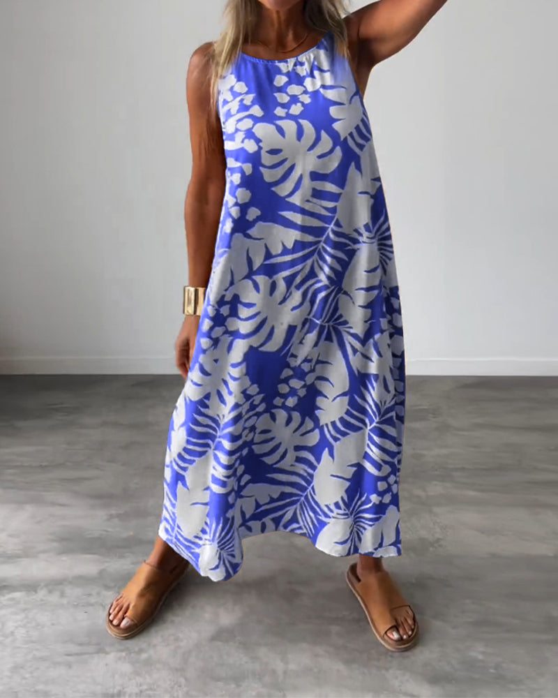WW | Lässiges, Ärmelloses Kleid mit Blattmuster