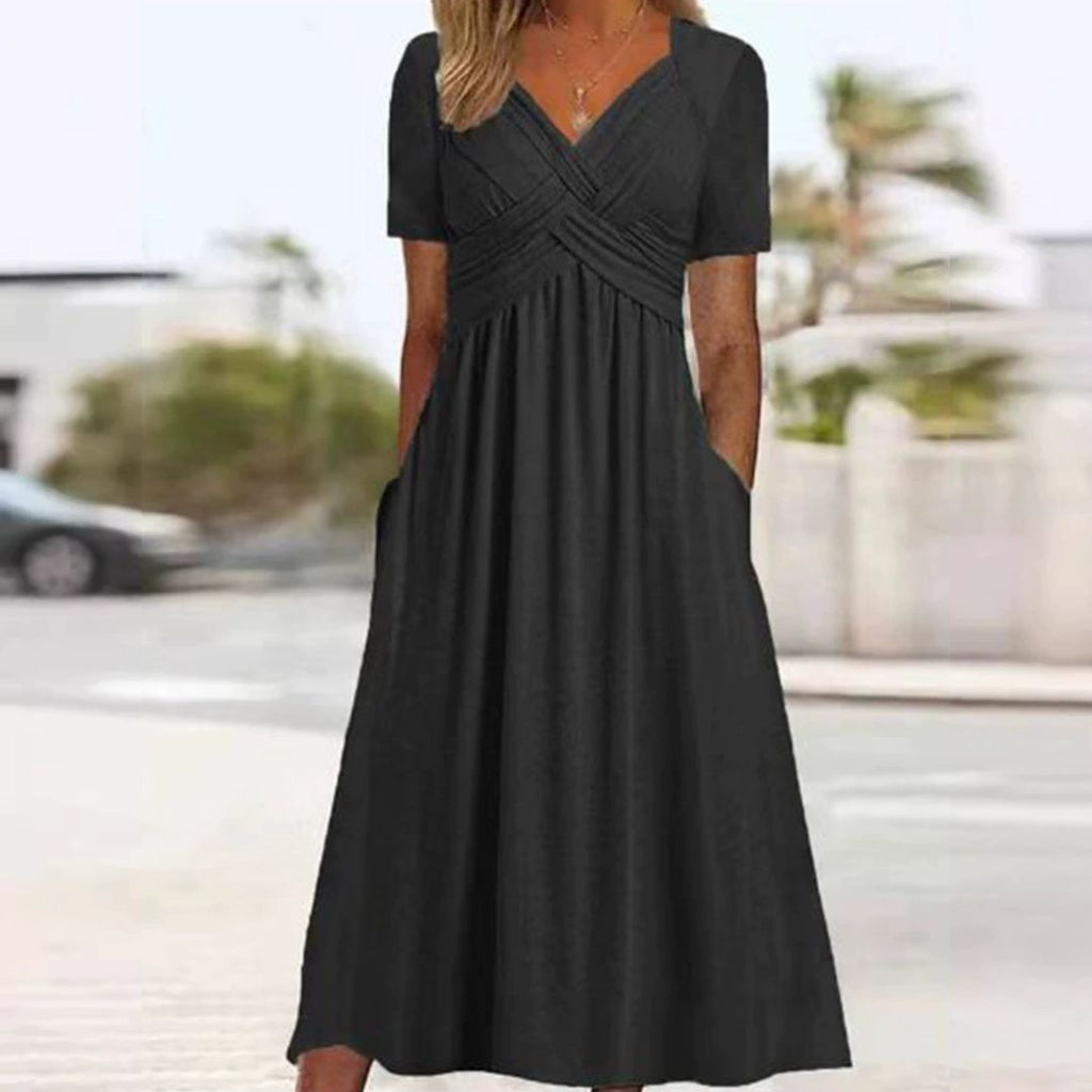 WW | Elegantes V-Ausschnitt Kleid Mit Empire Taille Und Taschen Für Damen