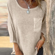WW | Rosiedress 3/4 Ärmel mit Taschen Baumwolle Leinen Lässiges T-Shirt