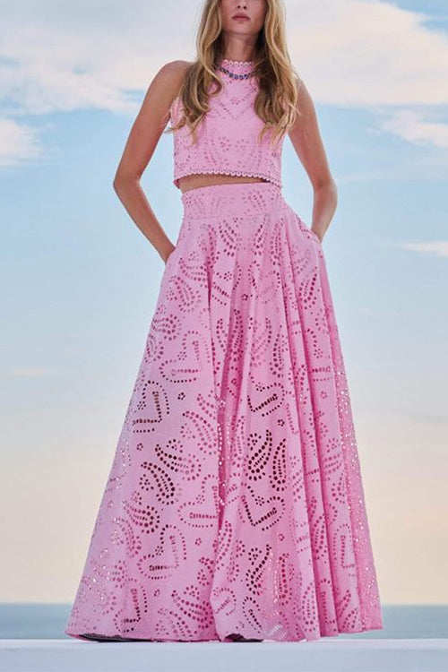 WW | Rosiedress Spitze Hollow Out Rundhals Crop Tank Top Hohe Taille Maxi Swing Rock Set