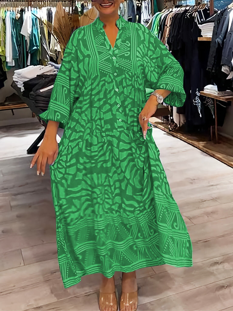 WW | Damen Lockeres V-Ausschnitt Kleid mit Print