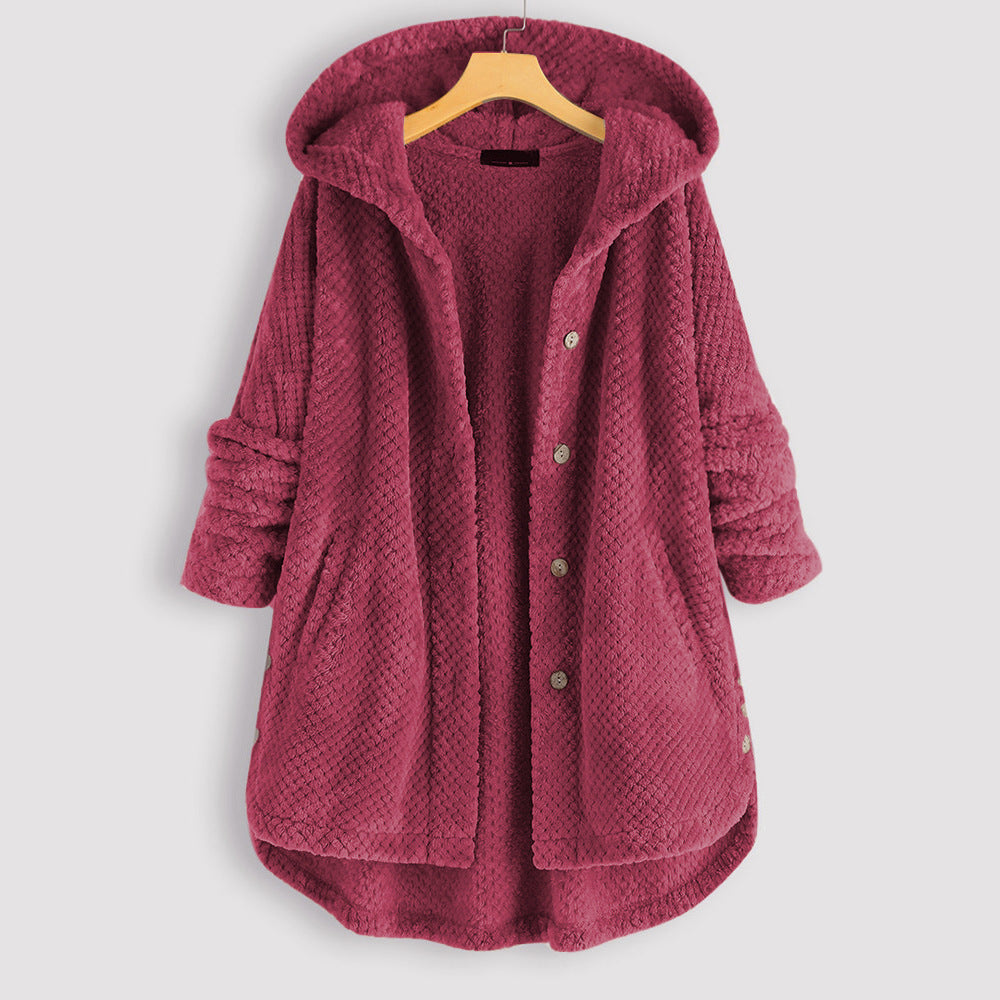 WW | Damen Pullover Flauschiger Kapuzenpullover Mit Knopfleiste