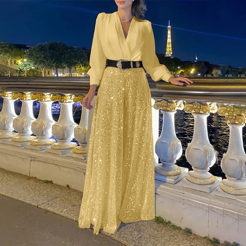 W&W Mode | Eleganter Schnitt - Weitbeiniger Pailletten-Jumpsuit
