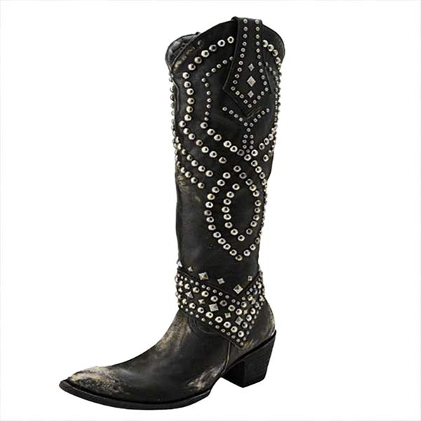 W&W Mode - Hohe Stiefel Mit Metallnieten Und Kobigem Absatz