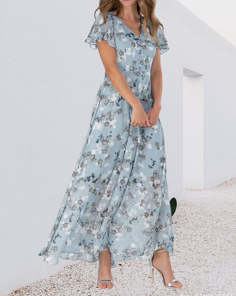 W&W Mode - Florales Maxikleid Damen | Chiffonstoff luftiges Sommerkleid | Maxikleid mit fließendem Rock