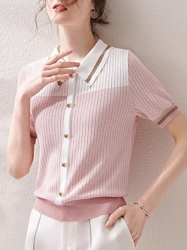 WW | Colorblock Hohlsaum Kurzarmpullover Pink