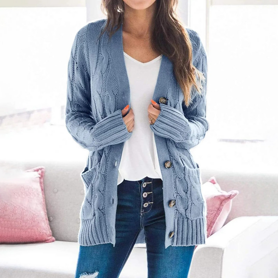 WW | Stylische Lange Strickjacke Für Damen Mit Knopfleiste