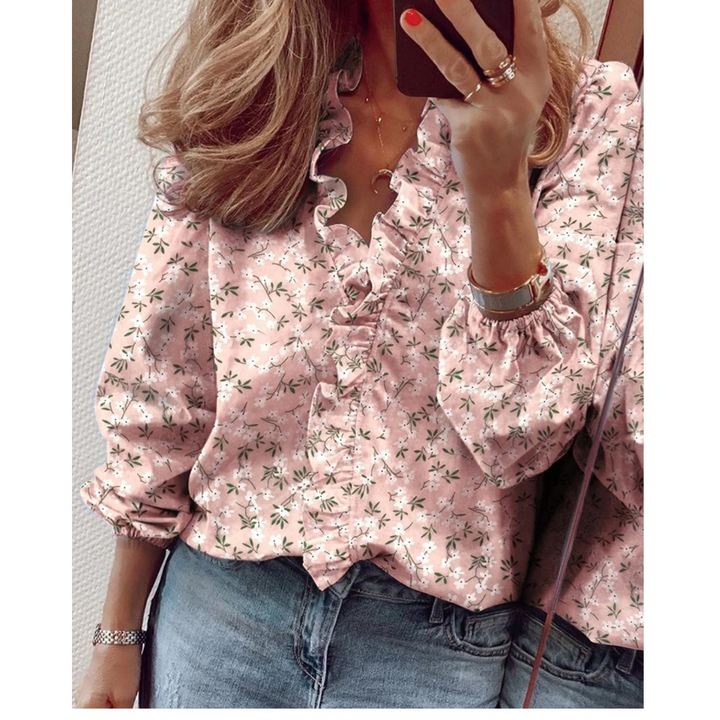 W&W Mode | Chiffon lila Blumenmuster V-Ausschnitt Damenhemd