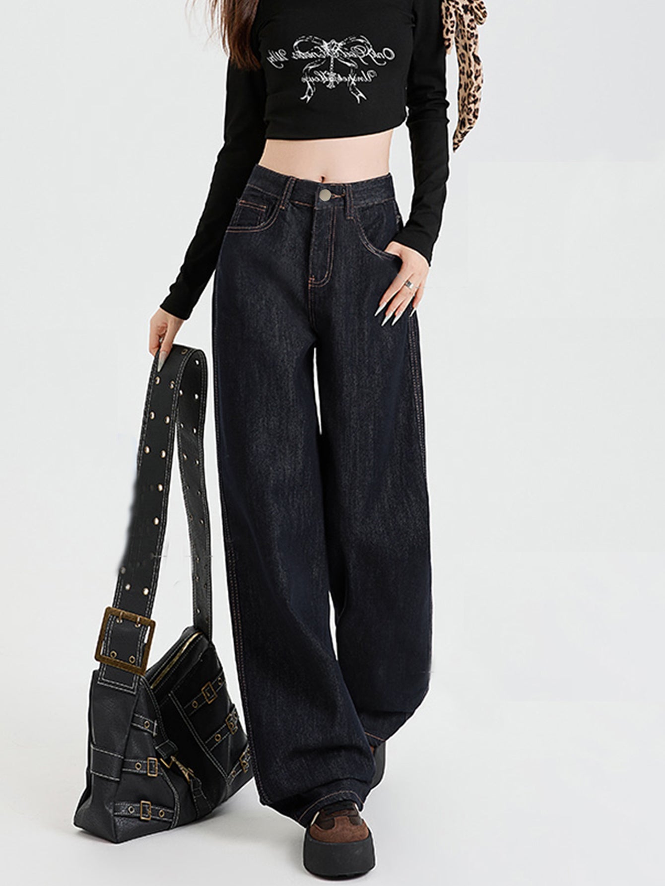 WW | Lockere Dunkle Hohe Taillen Bodenlange Denim Hose