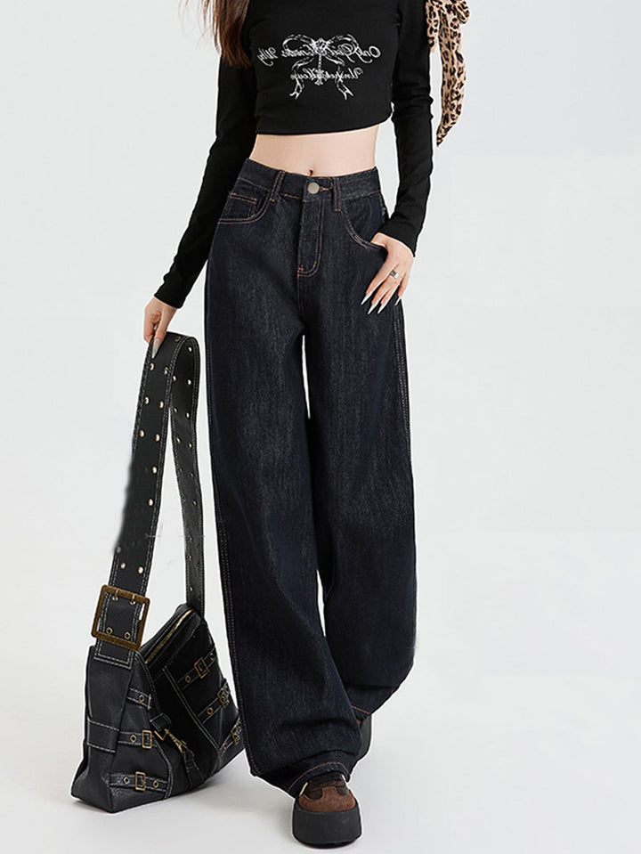 W&W Mode | Lockere Dunkle Hohe Taillen Bodenlange Denim Hose