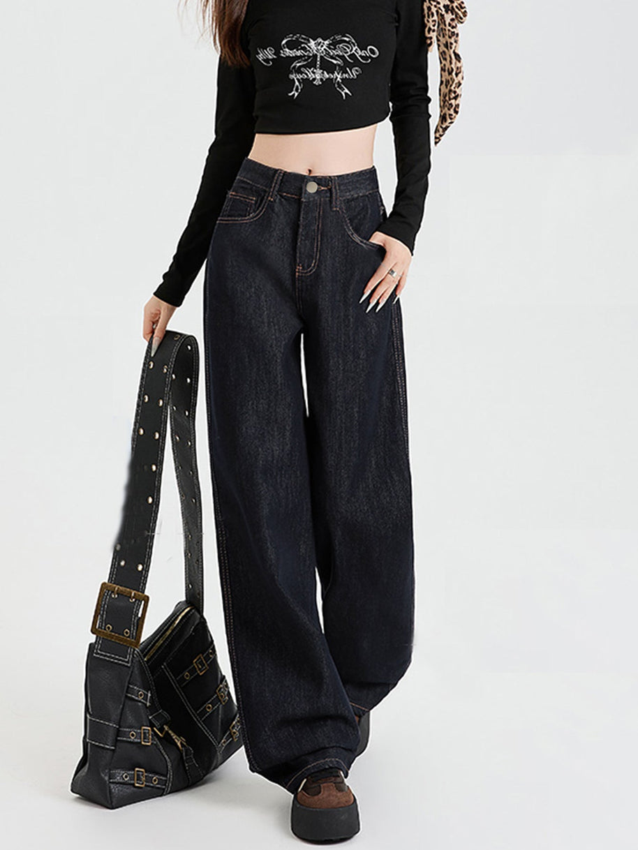 WW | Lockere Dunkle Hohe Taillen Bodenlange Denim Hose
