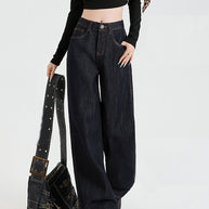 WW | Lockere Dunkle Hohe Taillen Bodenlange Denim Hose