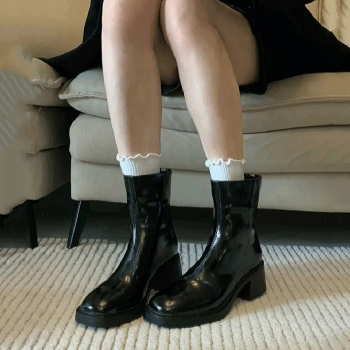 Damen-Leder-Ankle-Boots mit Blockabsatz