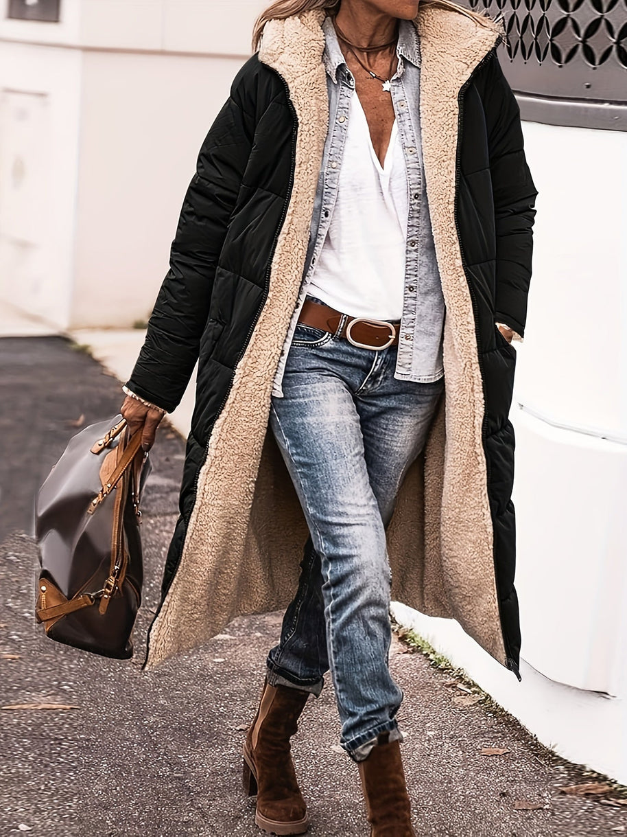 WW | Lange Elegante Gesteppte Damen Winterjacke Mit Futter Aus Fleece