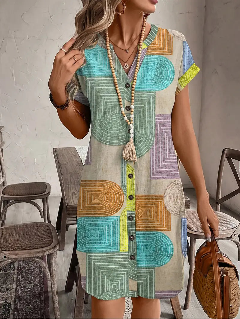 WW | Sommerhemd mit Geometrischem Druck V-Ausschnitt und Knopfverschluss Elegantes Midikleid