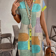 WW | Sommerhemd mit Geometrischem Druck V-Ausschnitt und Knopfverschluss Elegantes Midikleid