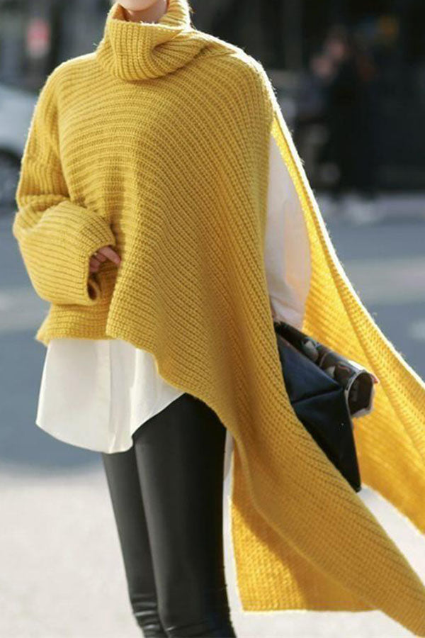 WW | Landyn Mode Reines Farb Hohe Hals Unregelmäßiger Pullover